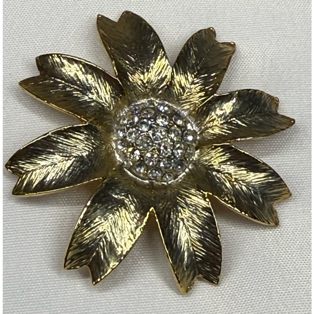 Vintage Gold-Tone Flower Brooch Pin with Rhinestone Pavé Center